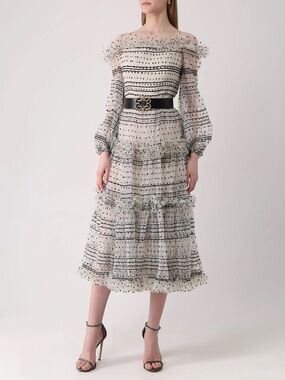 $5990 Elie Saab Polka-Dot Flocked Tulle Midi Dress Size FR42